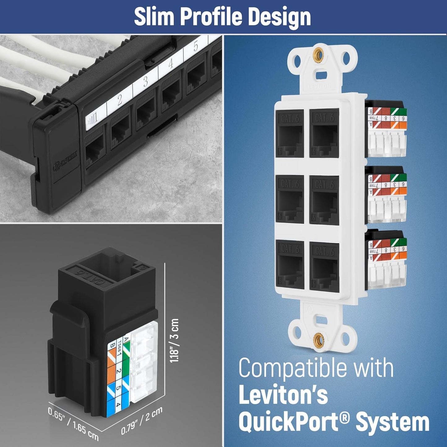 Everest 90° Angled RJ45 Cat6 Keystone Jacks 10-Pack in Black - Slim Profile Female RJ45 Connectors - Cat 6 Keystone Jack - Compatible with 90° Angled Speed Termination Tool - easyJACK (B094WB91H3)