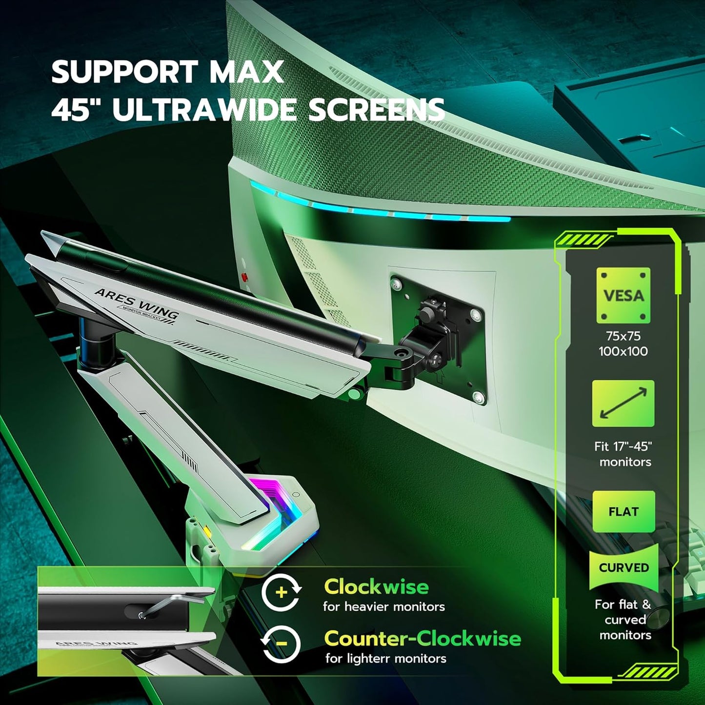 ARES WING RGB Single Monitor Arm Desk Mount for 17-45 inches Flat and Curved Monitors, Holds 35.2 lbs Heavy Duty, Adjustable Ultrawide Monitor Arm with Clamp & Grommet Base, 75/100 VESA Mount, White