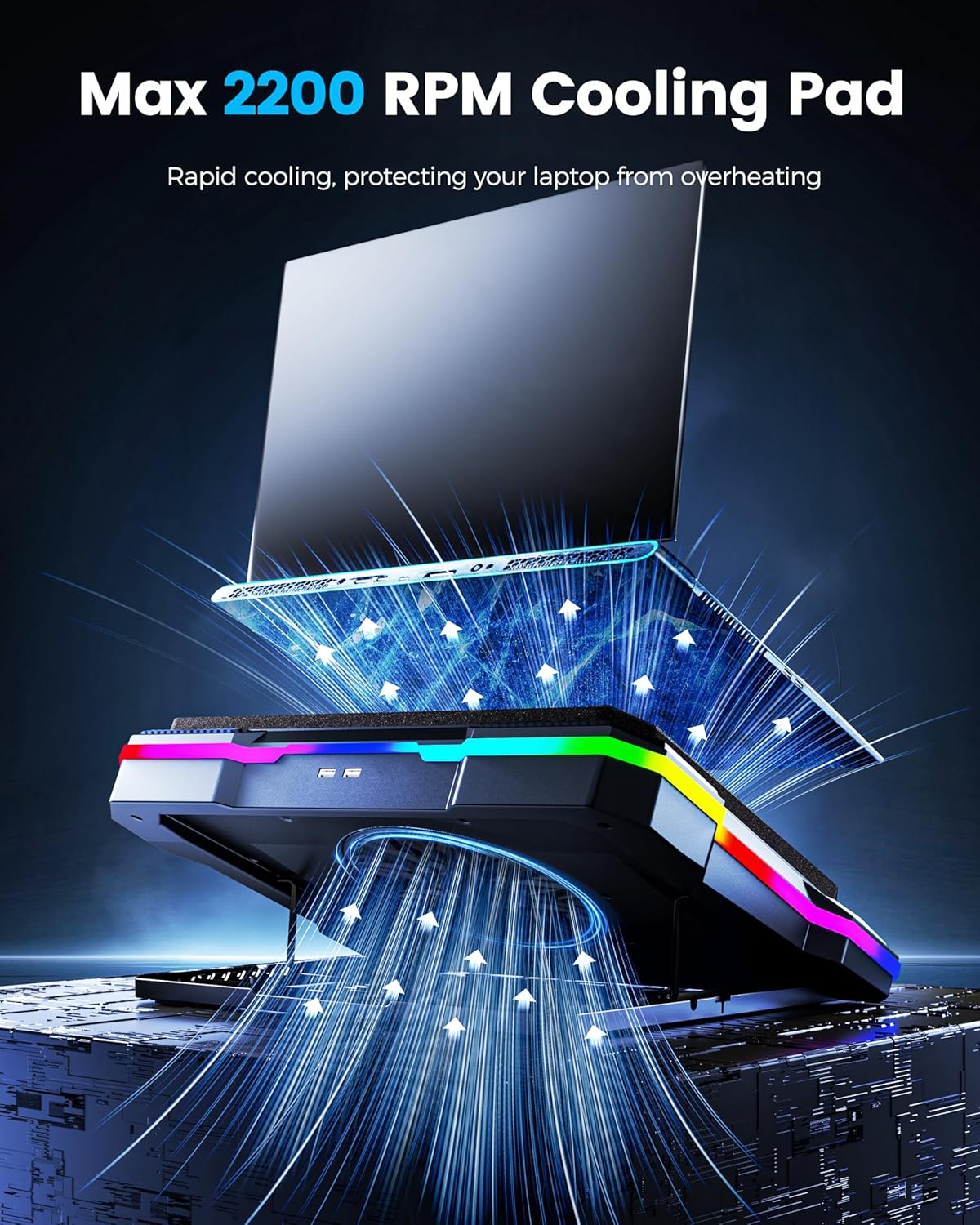 KeiBn Gaming Laptop Cooling Pad, Laptop Cooler with 5.5inch Cooling Fan, Rapid Cooling Fan Laptop 15.6-19.3inch, Infinitely Variable Speed, 7 Height Stands, 2 USB Ports-K1 5V