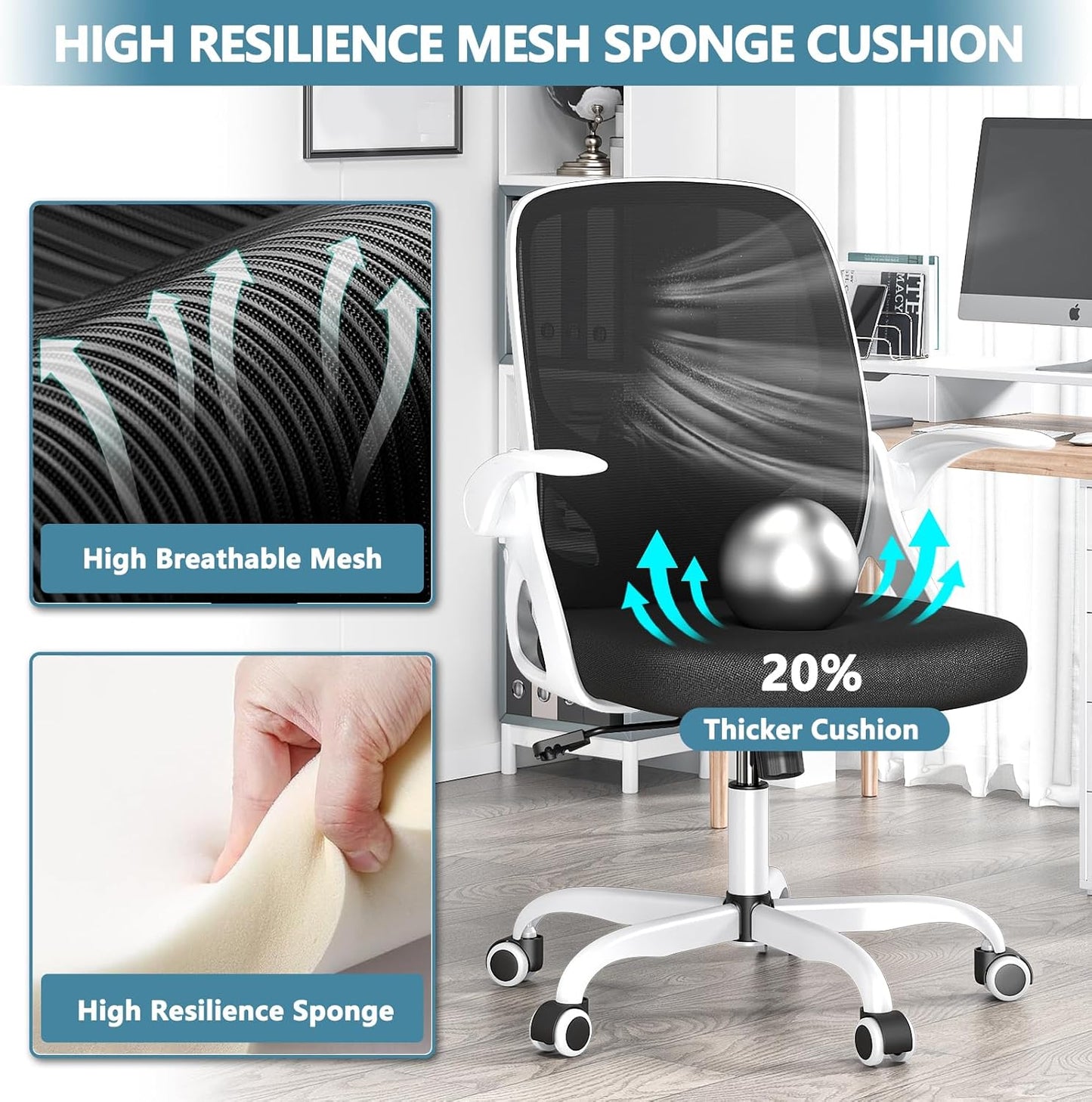 Home Desk Chair with Back Supportive Lumbar Support, Breathable Double Mesh Cushion Home Desk Office Chair with Flip up Arms, Modern Ergonomic Home Desk Office Chair for Work(White)