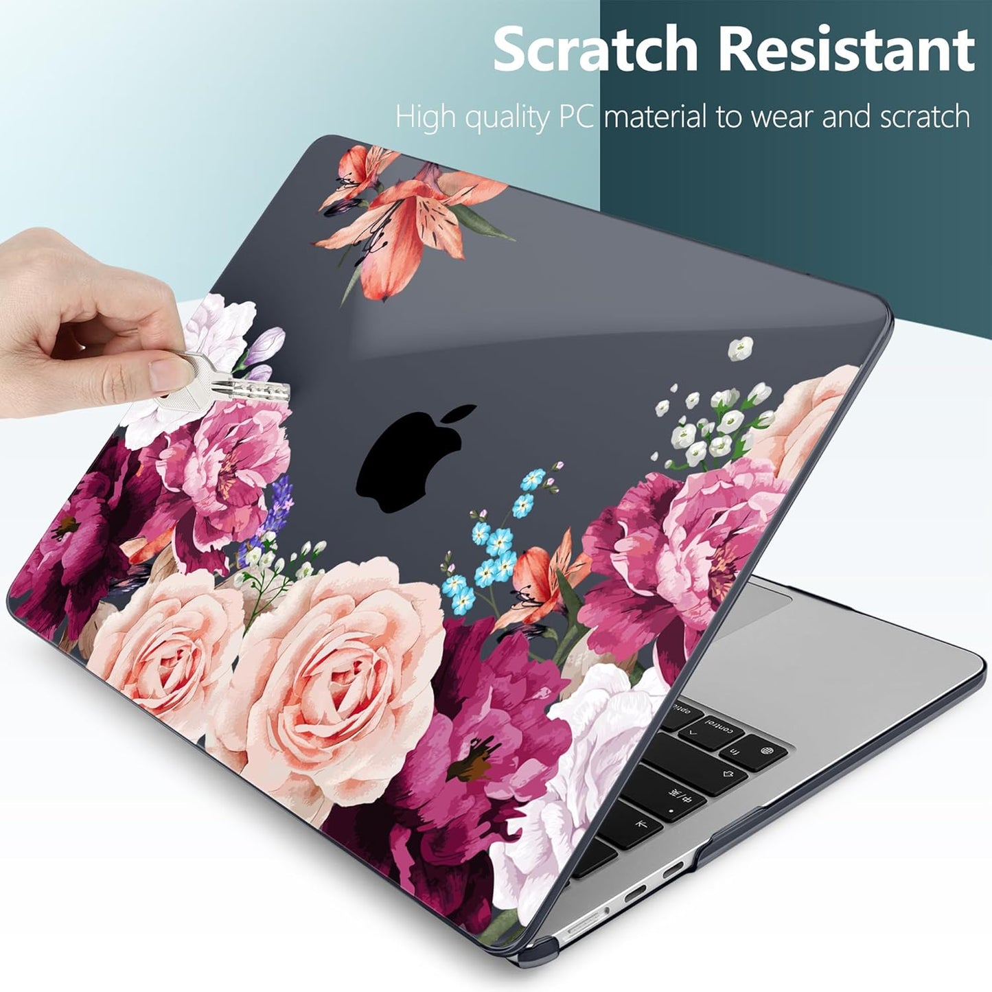 TWOLSKOO for M4 MacBook Air 13.6 inch Case 2025-2022 Release M4 A3240 M3 A3113 M2 A2681, Plastic Hard Shell & Screen Protector & Keyboard Cover & Trackpad Film, Black Peony
