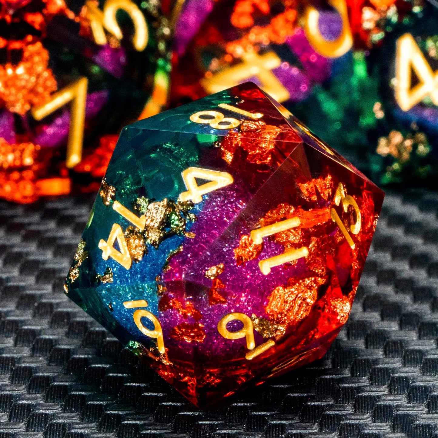 ARUOHHA Liquid Core DND Dice Set, 7pcs Resin Sharp Edged Dragons Dice Compatible with D&D Role Playing Games, RPG Golden Numbers Orange Green Dungeons Polyhedral D and D Dice with Gift Box D20 D10 D6