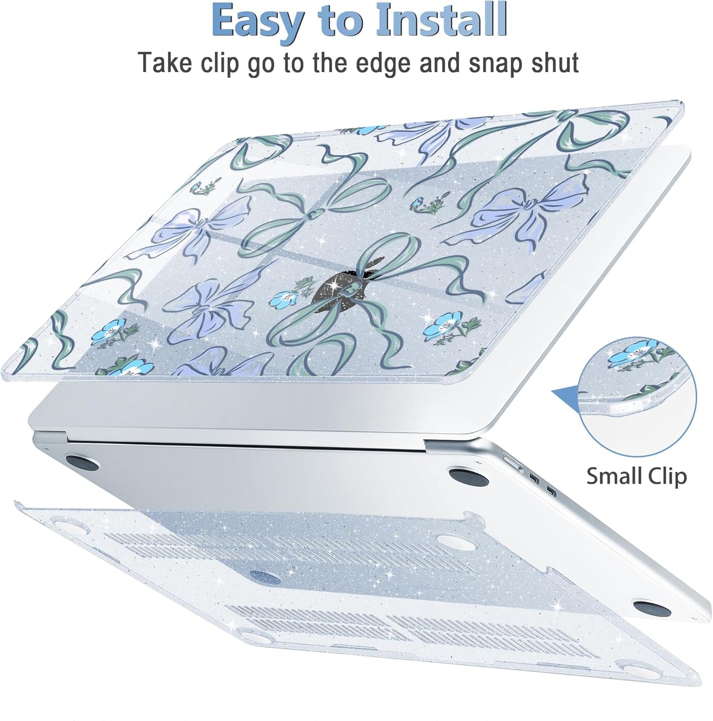 Mektron for 2025 MacBook Air 15 inch M4 Case A3241/ 2024 M3 A3114/ 2023 A2941 M2 Hard Printed Case with 15.3 Liquid Retina Display Touch ID, Plastic Hard Cover & Keyboard Skin- Bows C355-Glitter Blue