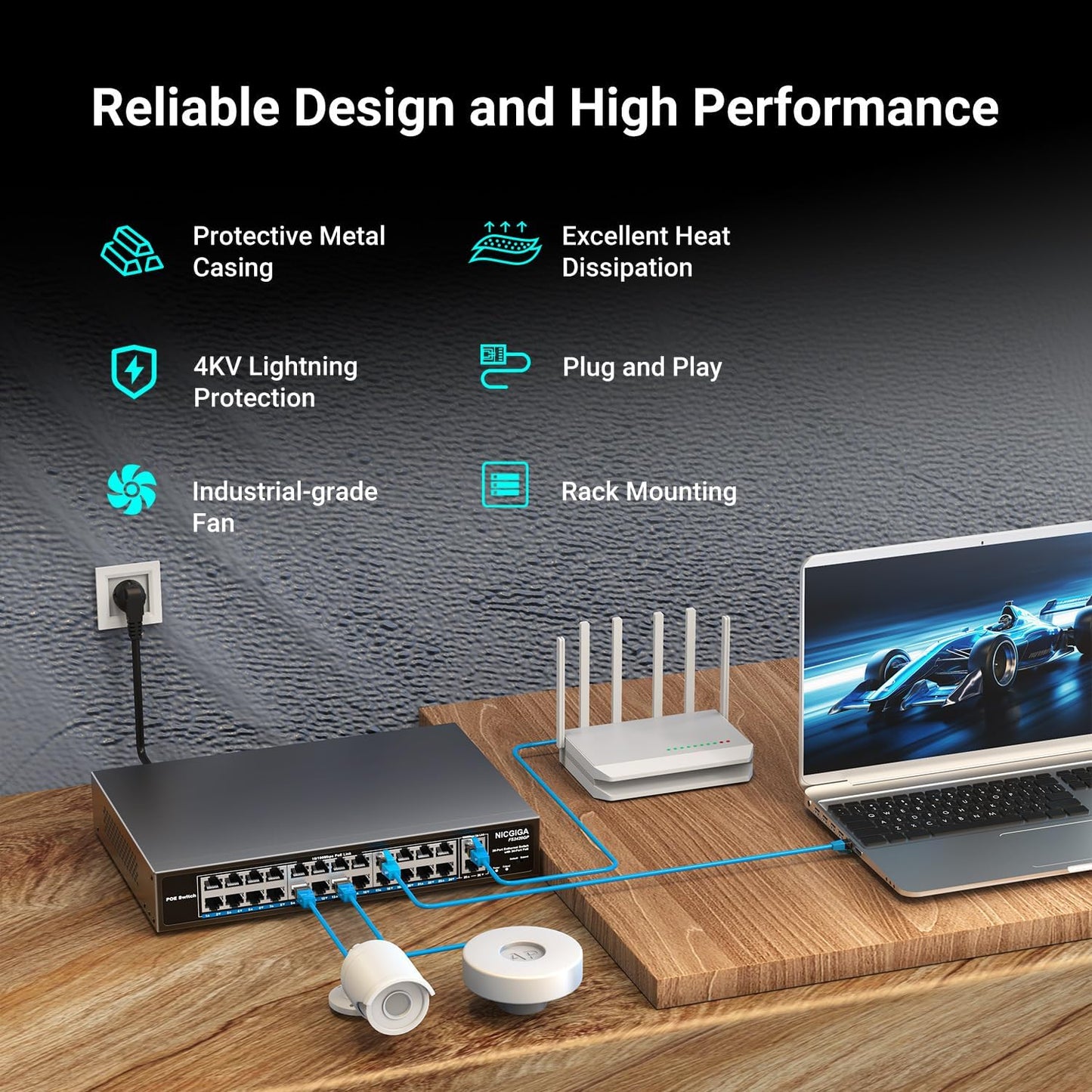 24 Port PoE Switch Unmanaged, 24 Port PoE+@400W, 2 Gigabit Uplink Ports, NICGIGA 26 Port Network Power Over Ethernet Switch, VLAN Mode, 250m Extend, 19 inch RackMount, Plug and Play.
