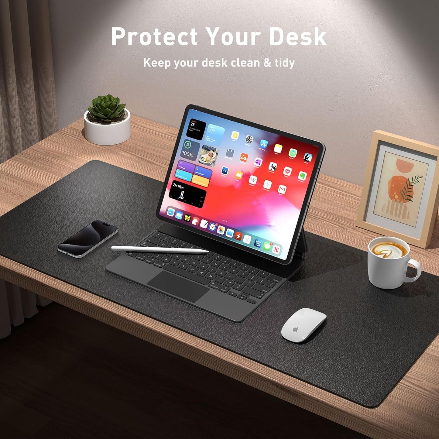 Aothia Leather Office Desk Pad Protector, Non-Slip PU Leather Desk Blotter, Waterproof Laptop Writing Mouse Pad for Office and Home, Black, 31.5" x 15.7"
