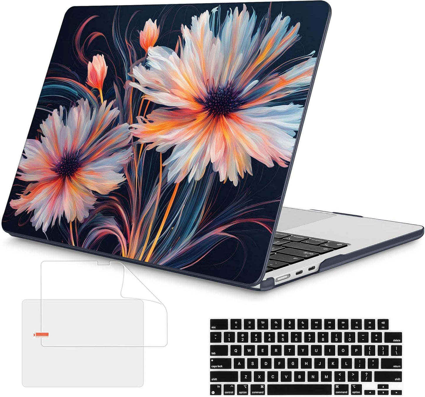Mektron Compatible with M4 MacBook Air 15 inch Case 2025 A3241 2024 2023 M3 A3114 A2941 M2 Liquid Retina Display Touch ID, Plastic Hard Case & Keyboard Skin & Screen Protector - Floral C337