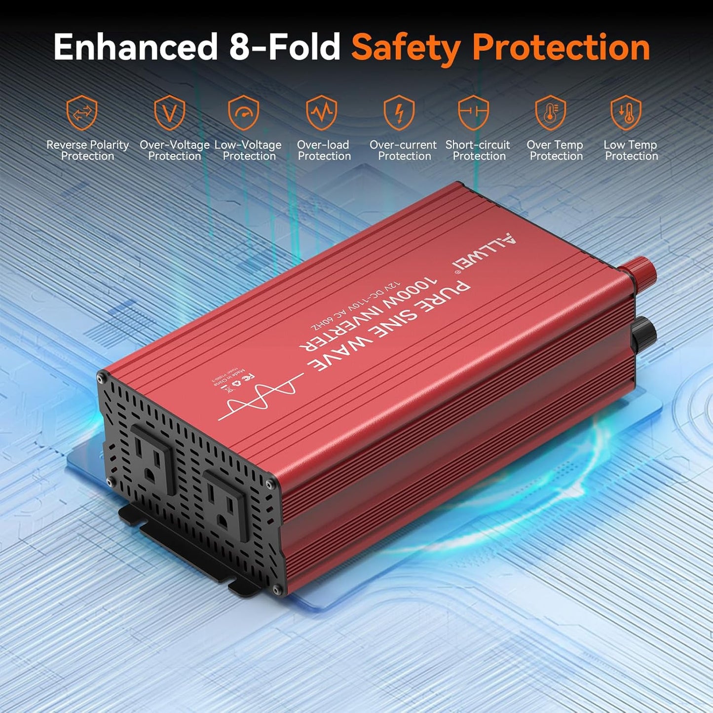 ALLWEI Pure Sine Wave Inverter - 1000 Watt Inverters 12V DC to 110V/120V AC Converter for Home, RV, Truck, Off-Grid Solar, Car Power Inverter with 2 Sockets, Power Inverters for Vehicles, 2000W Peak