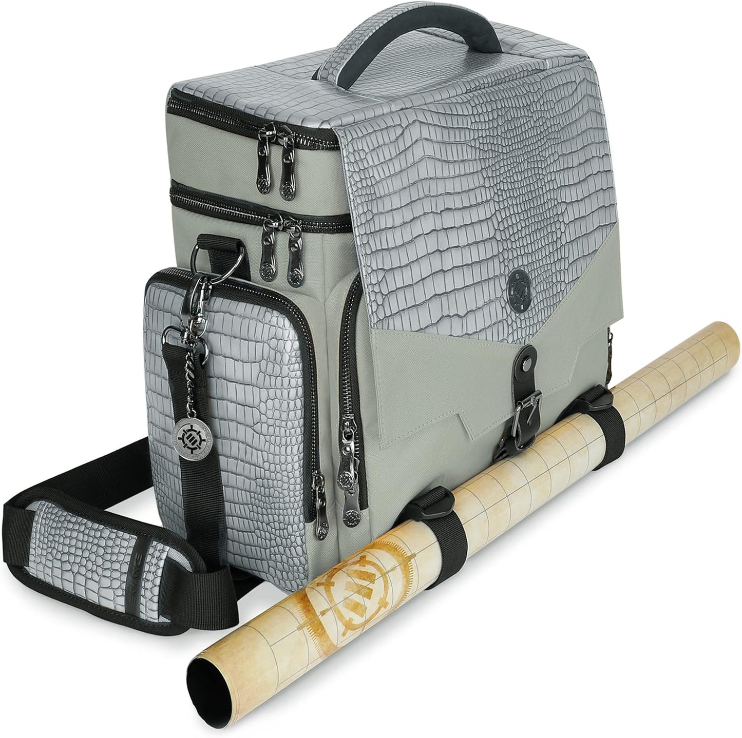ENHANCE Travel Bag for DND Collector's Edition, Bag Compatible with Dungeons and Dragons, Battle Mat Holder, Dice Pockets and Accessories, Carry 4-8 Books (Silver Dragon)