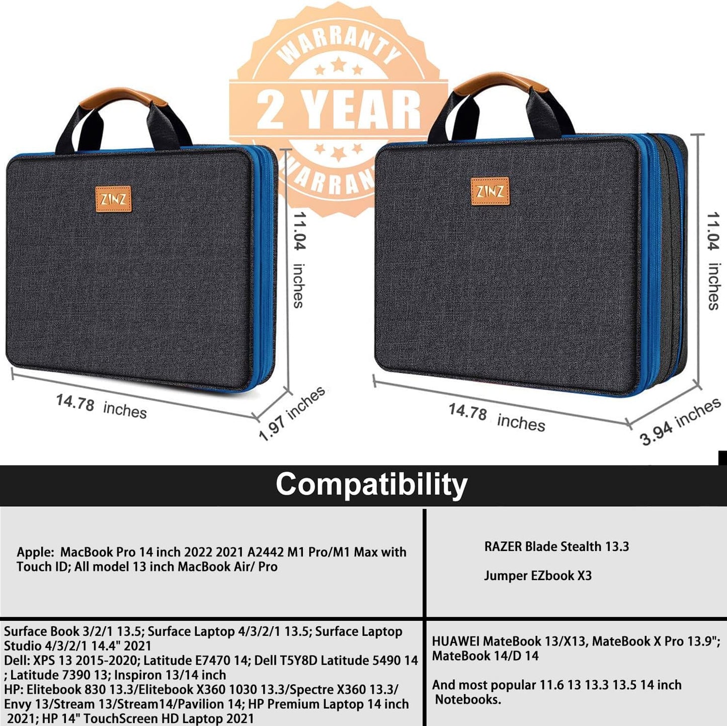 ZINZ Slim Expandable 13 13.3 13.6 14 Laptop Case Sleeve Compatible with MacBook Air/Pro 13-14 M1 M2 M3 2021-2023 Pro/Max,13.5 Surface Laptop 4/3,B01K03