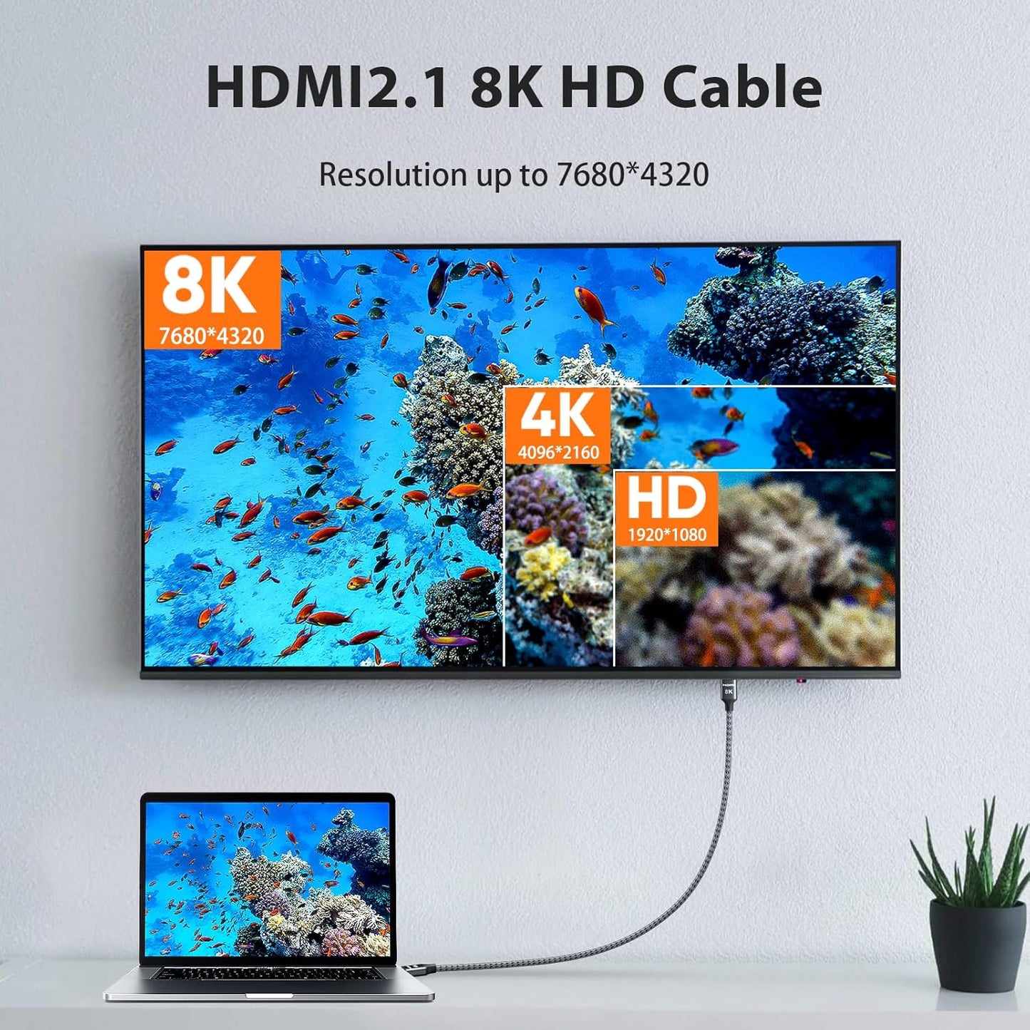 ARISKEEN 8K HDMI Cable 1.5 FT, 48Gbps High Speed HDMI 2.1 Cable, 8K 60Hz, 4K 120Hz 144Hz Braided HDMI Cord - 1.5 Feet