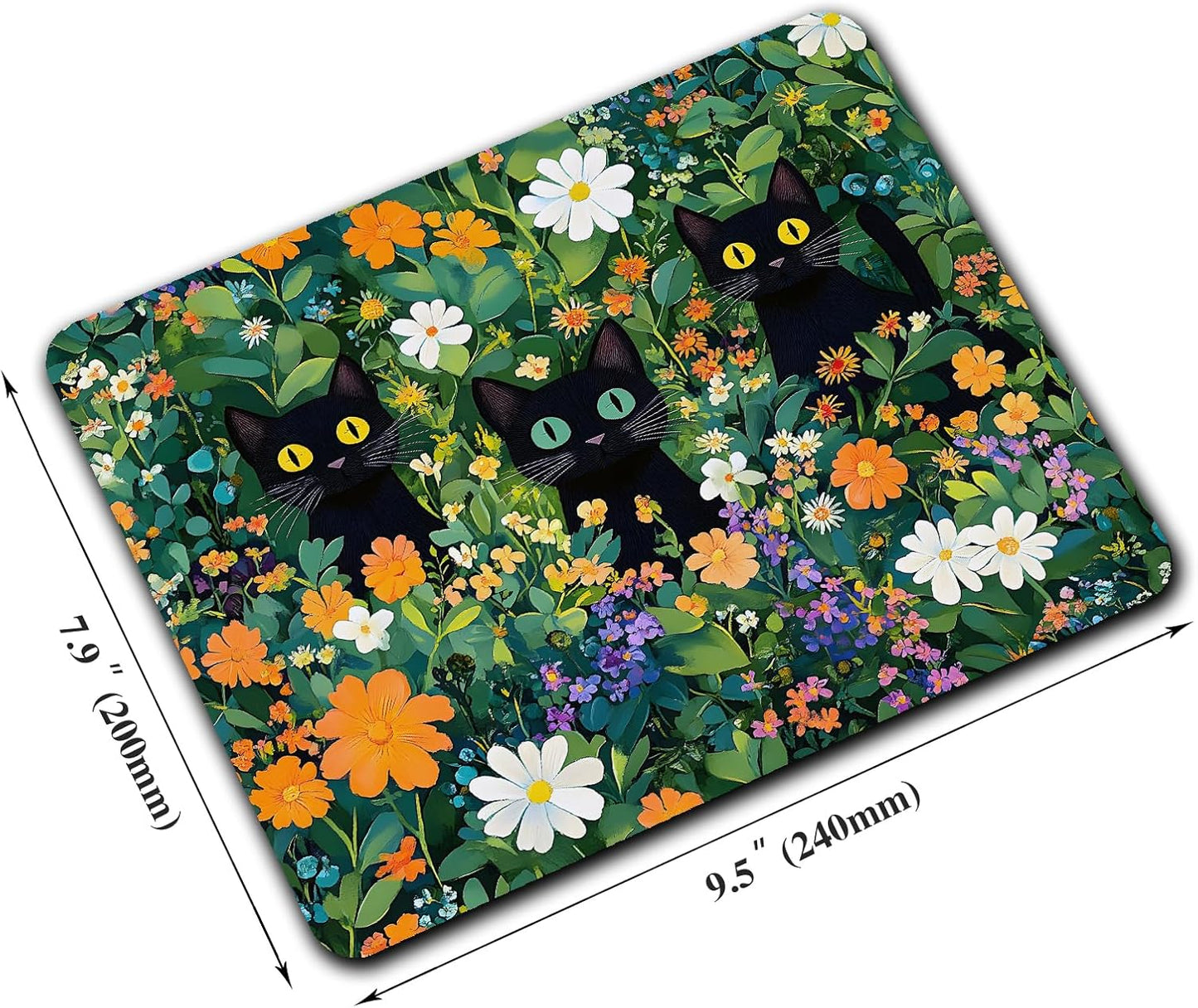 Cute Flowers Black Cats Mouse Pads for Desk, Portable Wireless Computer Mouse pad Small Design with Women, Non-Slip Rubber Base Laptop Mousepad 9.5" x 7.9" Smooth Surface for Office & Travel