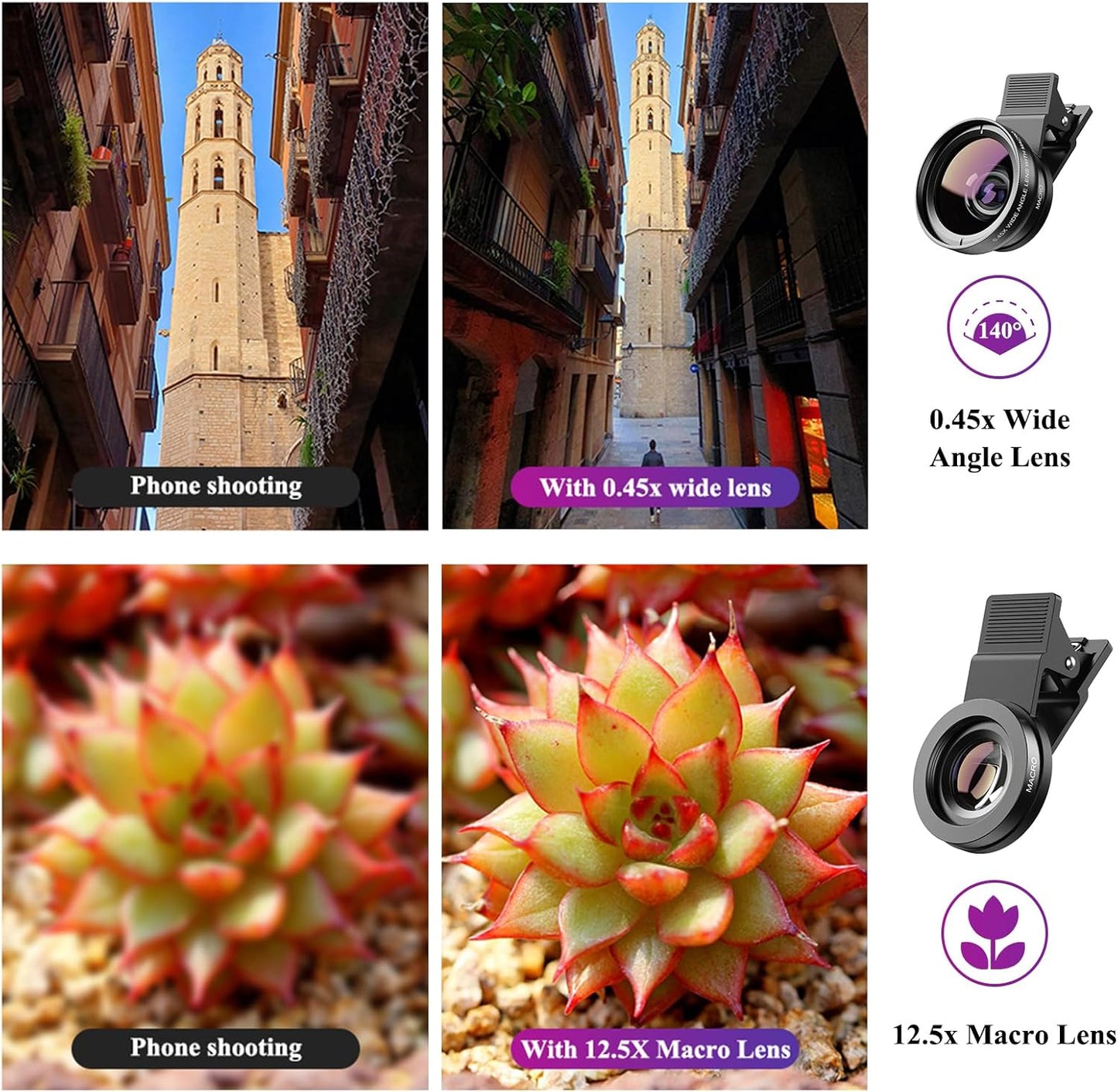 Apexel Phone Camera Lens, 2 in 1 Cell Phone Clip-on Lens Kit 0.45X Wide Angle Lens 140°+ 12.5X Macro Lens Clip-on iPhone Lens for iPhone Samsung and Most of Android Smartphone