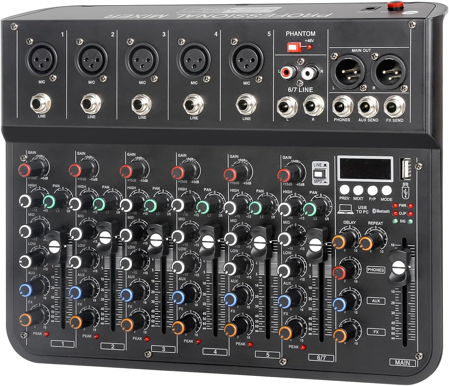 7 Channel mixer, DJ Mixer Board with Bluetooth and Usb, Audio Sound Card with Interface Recording and 48V Phantom Power, Sounds Mixer Board with FX Reverb Delay Effect for Streaming