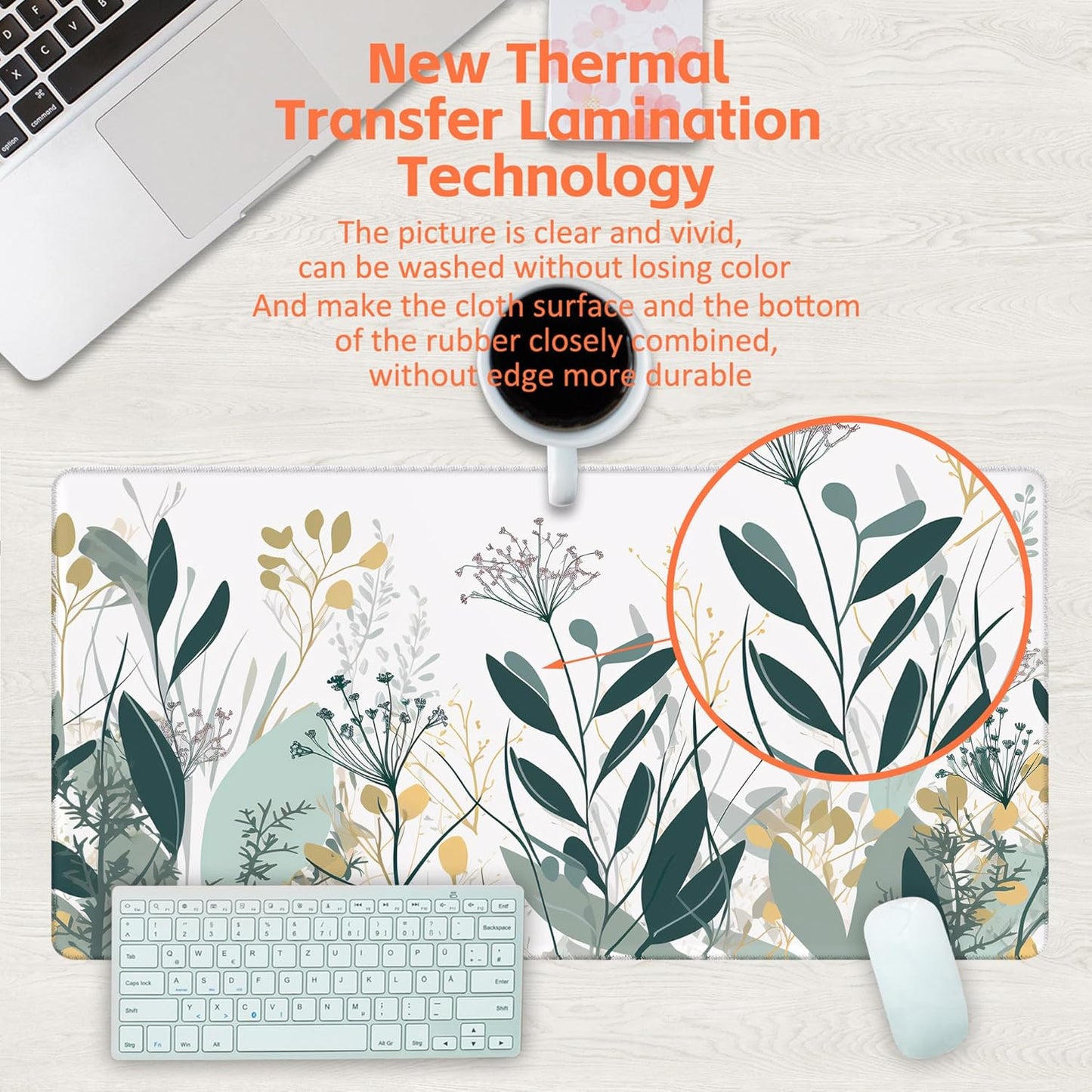 Desk Mat, Green Gold Plant Leaves Desk Pad, Wildflowers Large Gaming Mouse Pad for Desk, 31.5"x15.7" Extended Big Computer Keyboard Mouse Pad with Non-Slip Base and Stitched Edge