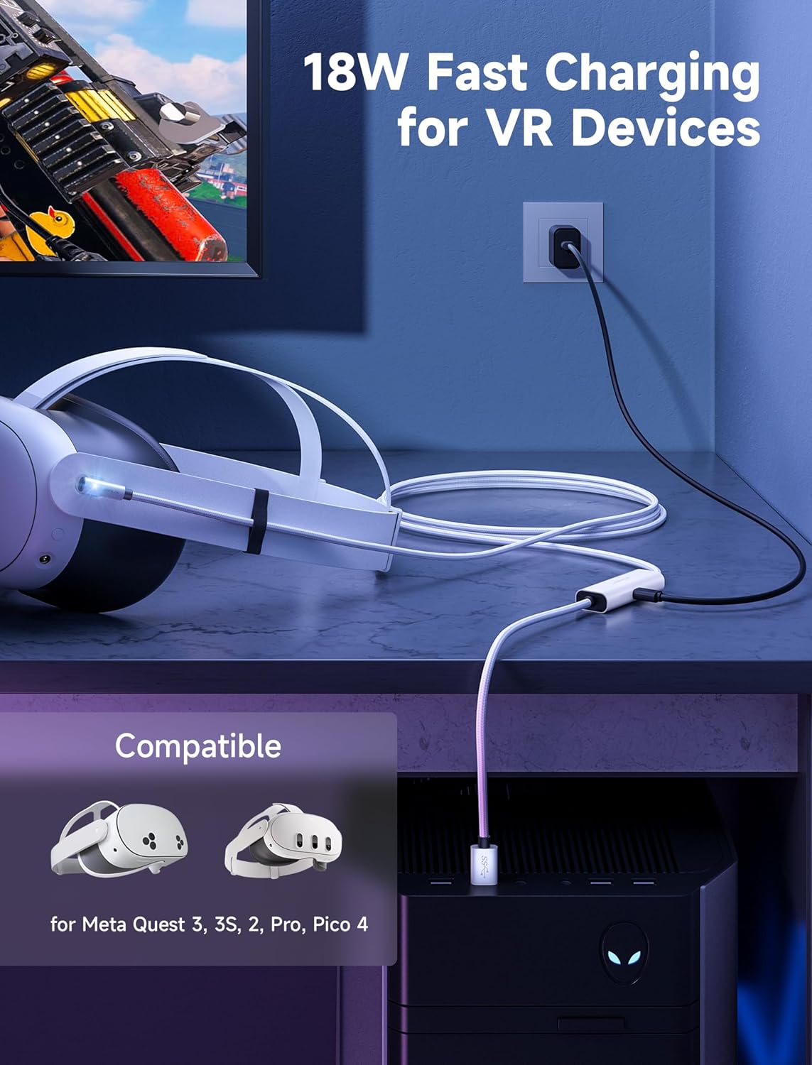 JSAUX Link Cable with 18W Charging 16ft, Compatible with Oculus Meta Quest 3S/ 3/ 2/ Pro and Pico 4, PC VR, Steam VR Accessories, 2-in-1 High Speed 5Gbs USB3.0 to USB C Data Cord for VR Headset