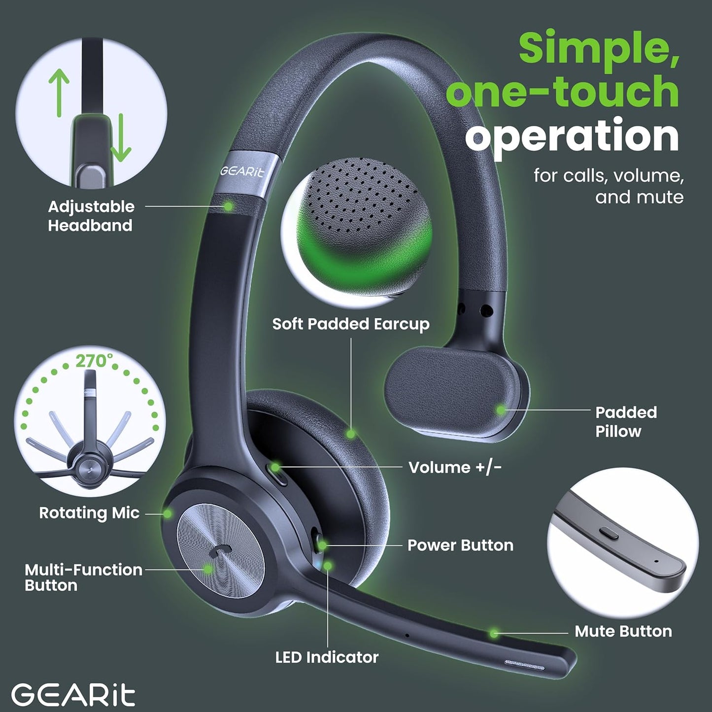 GEARit Wireless Bluetooth Headset with Mic - 35 Hrs Talk Time - for Trucker, w/Noise Cancelling Microphone & Mute Button - Easy to Set Up Wireless for Work, Phone Calls, Homes, Offices