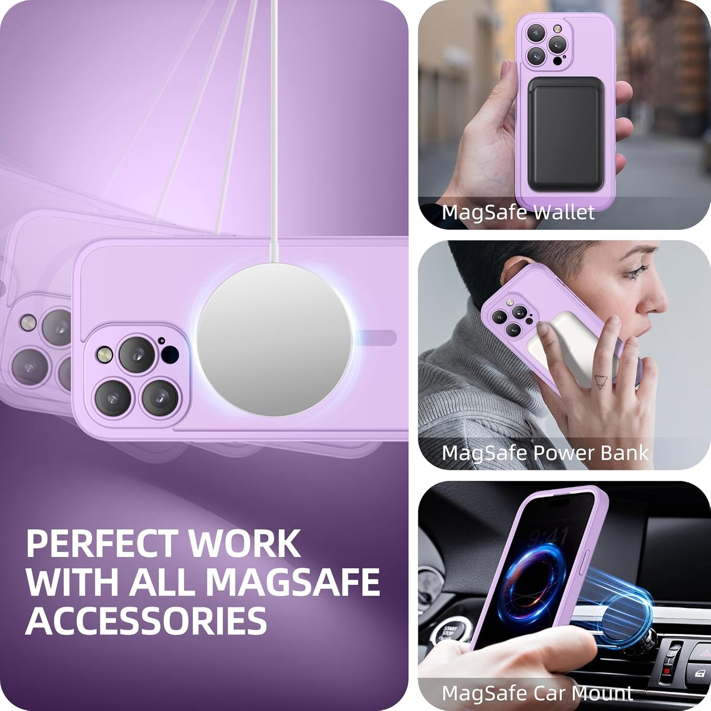 BERFY Magnetic for iPhone 14 Pro Max Case,Compatible with MagSafe,Built-in Privacy Screen Protector and Upgraded Camera Protection,Anti-Spy Full Body Shockproof Phone Case for 14 Pro Max, Light Purple