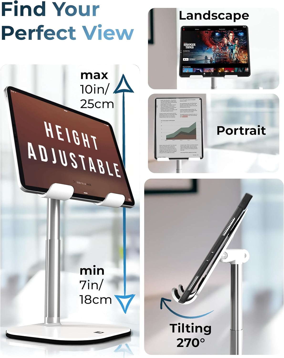 COOPER TabHolder, 7-10" Height Adjustable Tablet Stand, Premium iPad Stand for Desk, 270° Tilt Portable Monitor Holder for 15.6-17" Displays, for All iPad, Kindle, Surface, Samsung Tablets (White)
