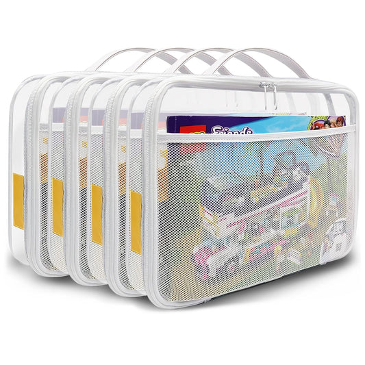 holay 4 Packs PVC Zippered Blocks Set, Toy, Clay, Board game Storage Organizer Case (Name Tag, Manual Pocket) (White, Large)