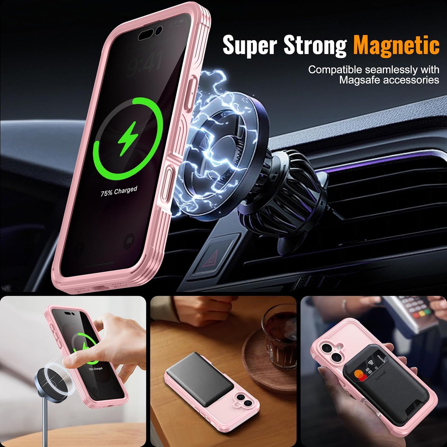 360° Protection Magnetic for iPhone 16 Case Built-in 9H Privacy Screen Protector & Metal Stand[Fit for Magsafe][Anti-Spy][Lens Protector] Heavy Duty Shockproof Phone Case for iPhone 16(Pink)