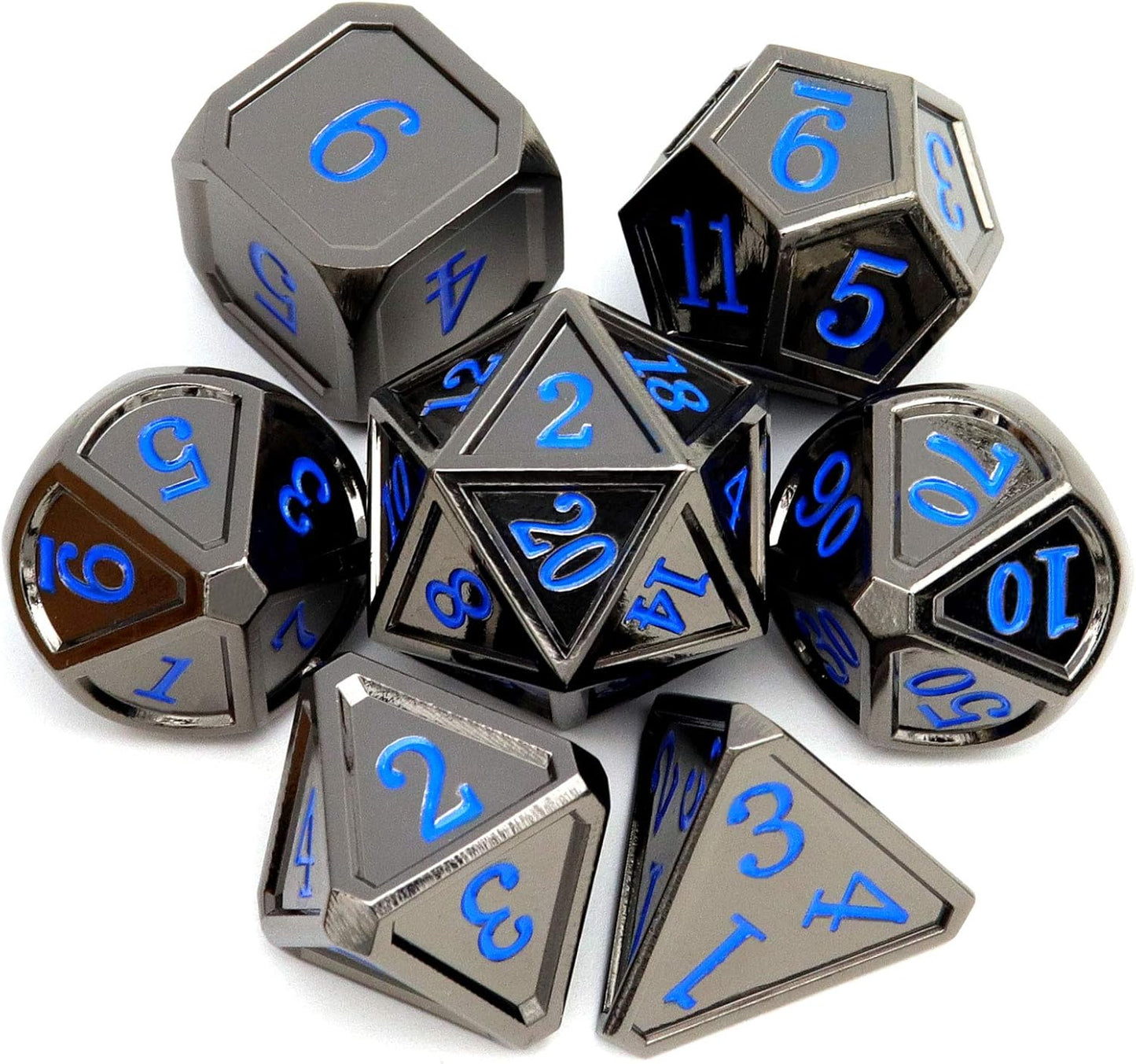 Haxtec Black Metal DND Dice Set D&D W/Gift Metal Case Polyhedral Dice Compatible with Dungeons and Dragons TTRPG-Black Blue Numbers