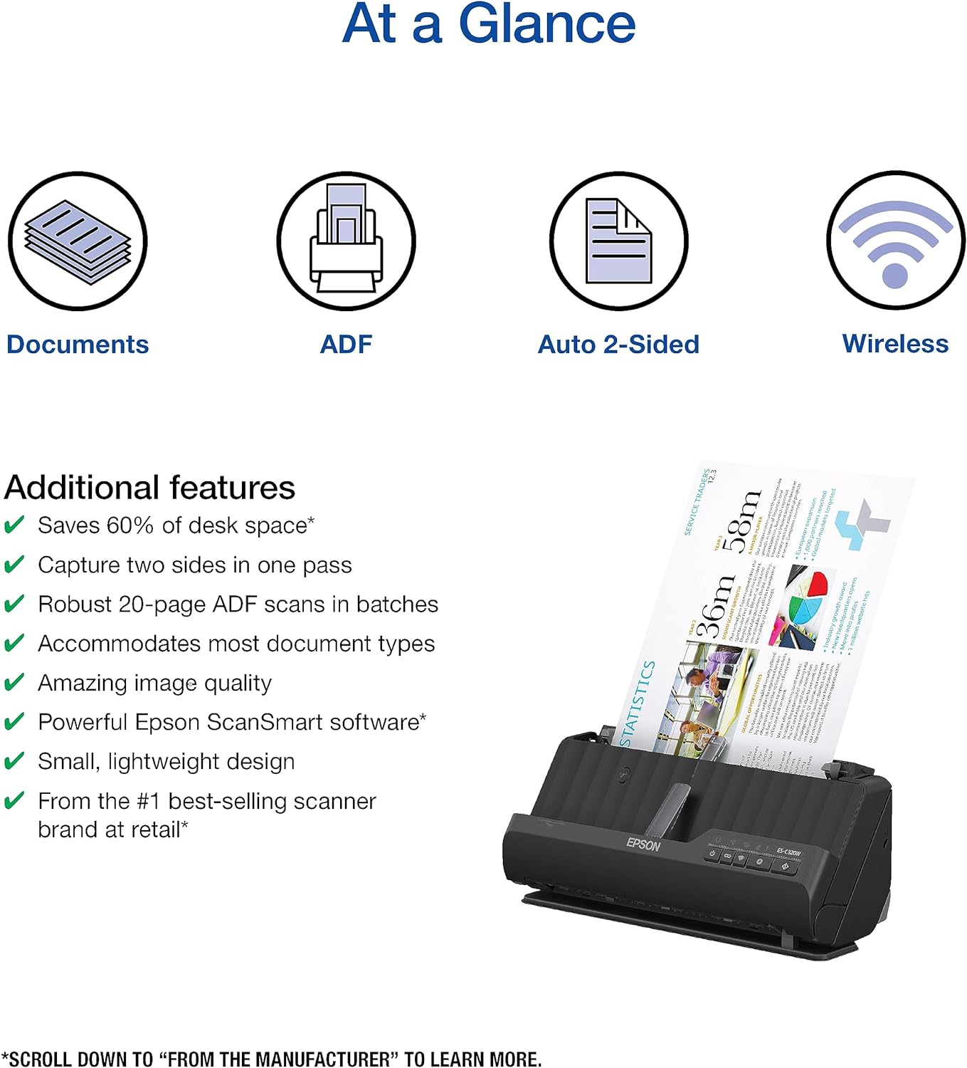 Epson - Workforce ES-C320W - Wireless Compact Desktop Document Scanner - 2-Sided Scanning and Auto Document Feeder - Paper and Card Scanner - Black