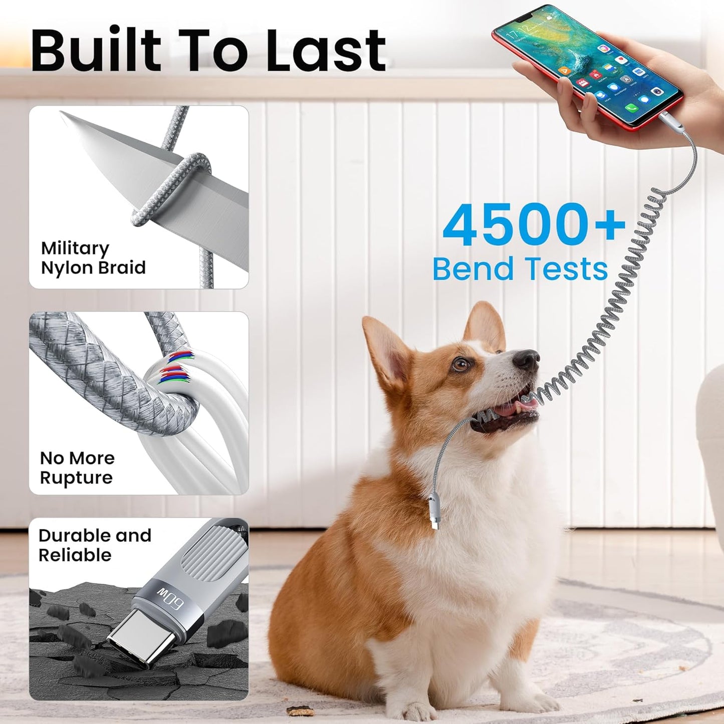 Coiled USB C to USB C Cable 2Pack 3FT Braided Retractable Fast Charging Cable for Car, Compatible with iPhone 16/15 Pro Max/Galaxy S24/S23/S22, Supports Car Play & Android Auto-Grey