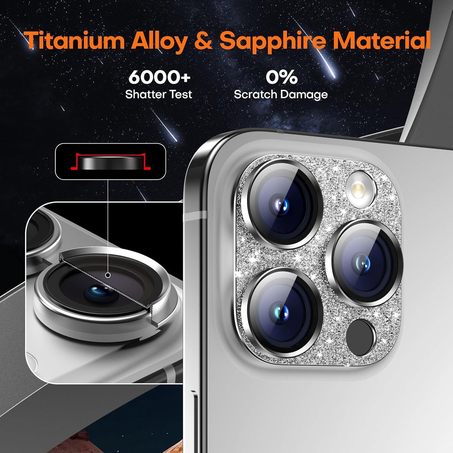 Camera Lens Protector for iPhone 16 Pro Max/16 Pro/15 Pro Max/15 Pro/14 Pro Max/14 Pro, Aluminum Alloy Sapphire Glass Camera Screen Cover, Case Friendly- Glitter White