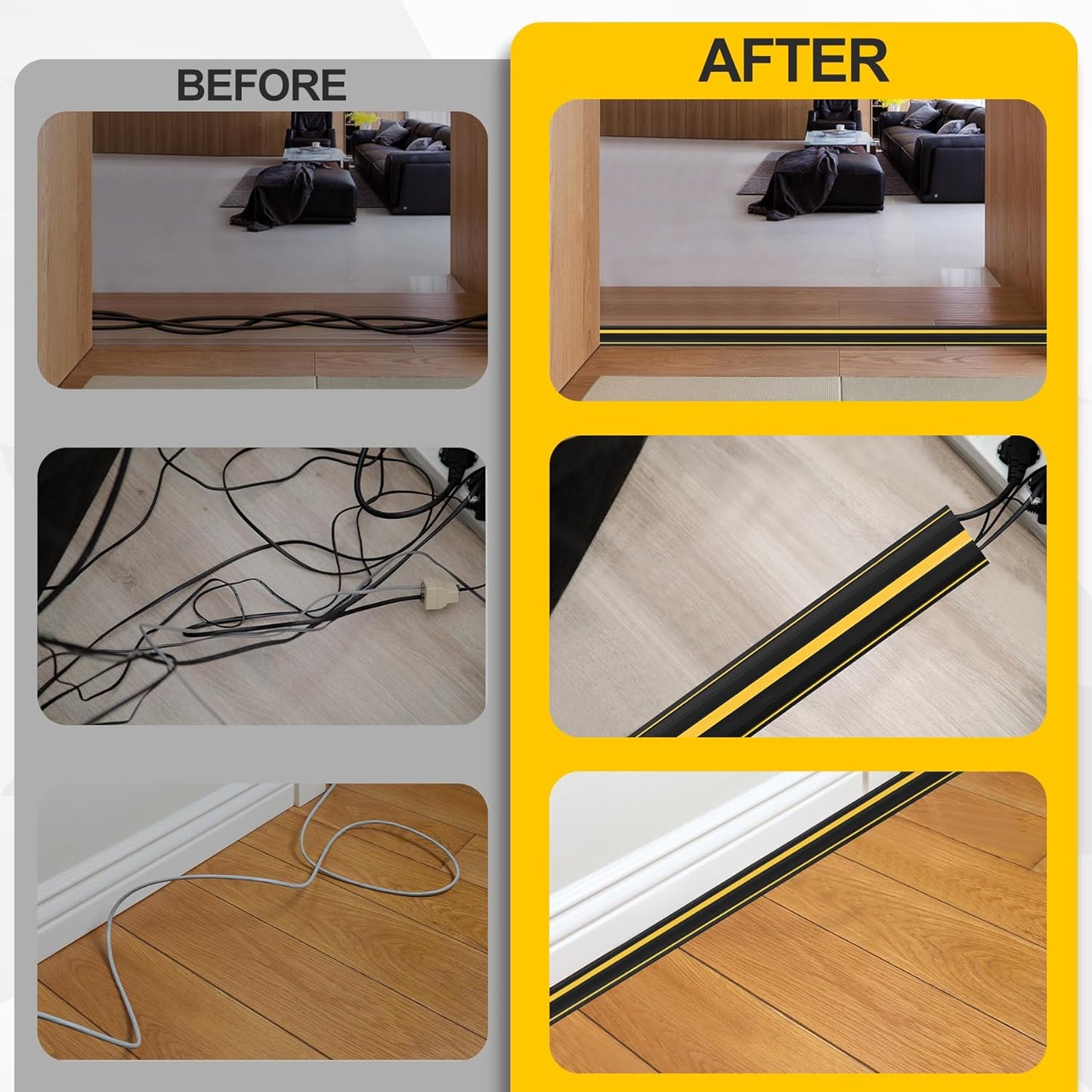 Floor Cord Cover 6.5Ft 2Pcs Heavy Duty PVC Floor Cable Protector Electric Cord Hider Cable Management Floor Strip Extension Cord Covers Cable Raceway for Wires on Floor Inner Channel 1.36" W x 0.43" H
