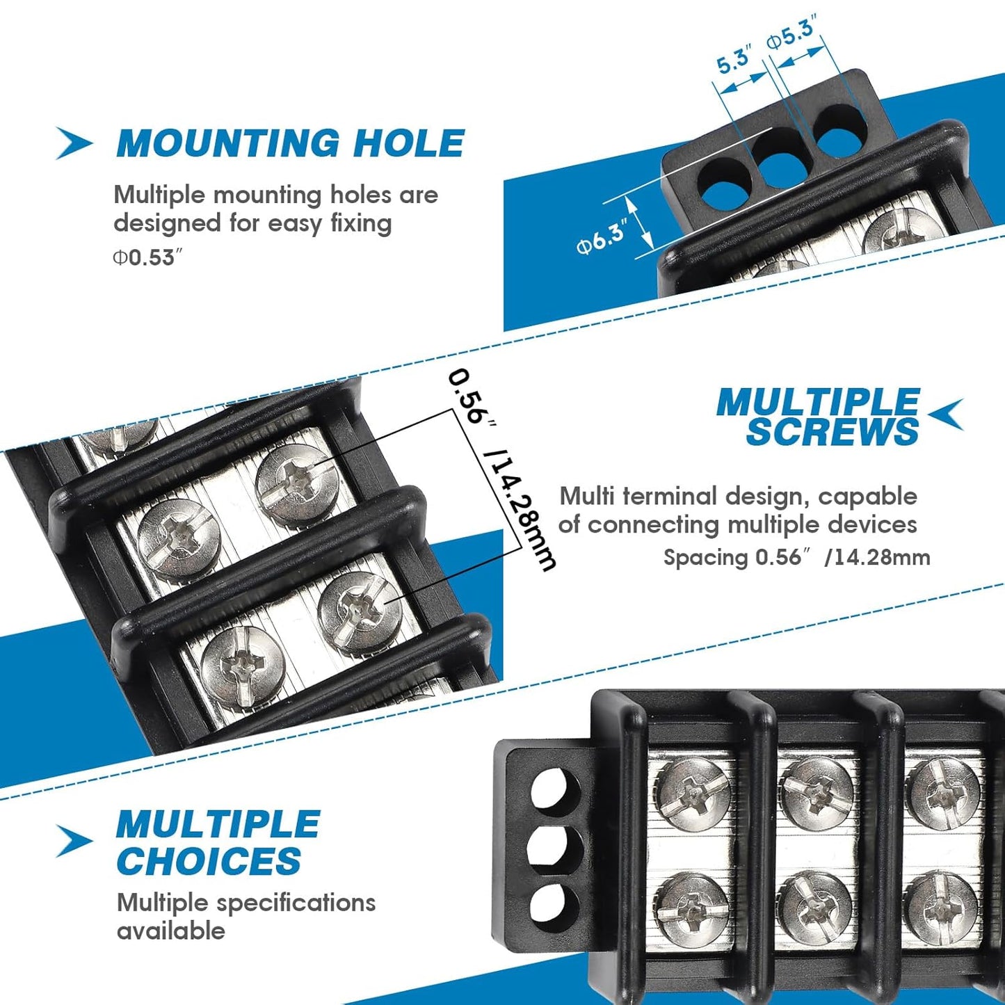 GLOSO Marine Terminal Blocks TBD Double Row Stainless 10-22 AWG Cu, 30A/600V- 1 Pack, 14 Poles