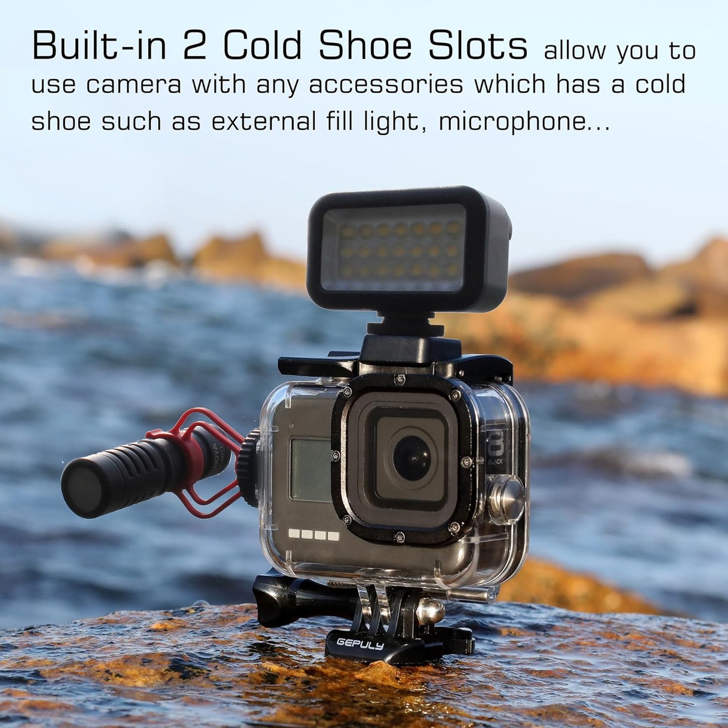 60M/196FT Waterproof Housing Case for GoPro Hero 8 Black, Dual Cold Shoe Slots Protective Underwater Diving Housing Shell for GoPro Hero 8 Black Action Camera