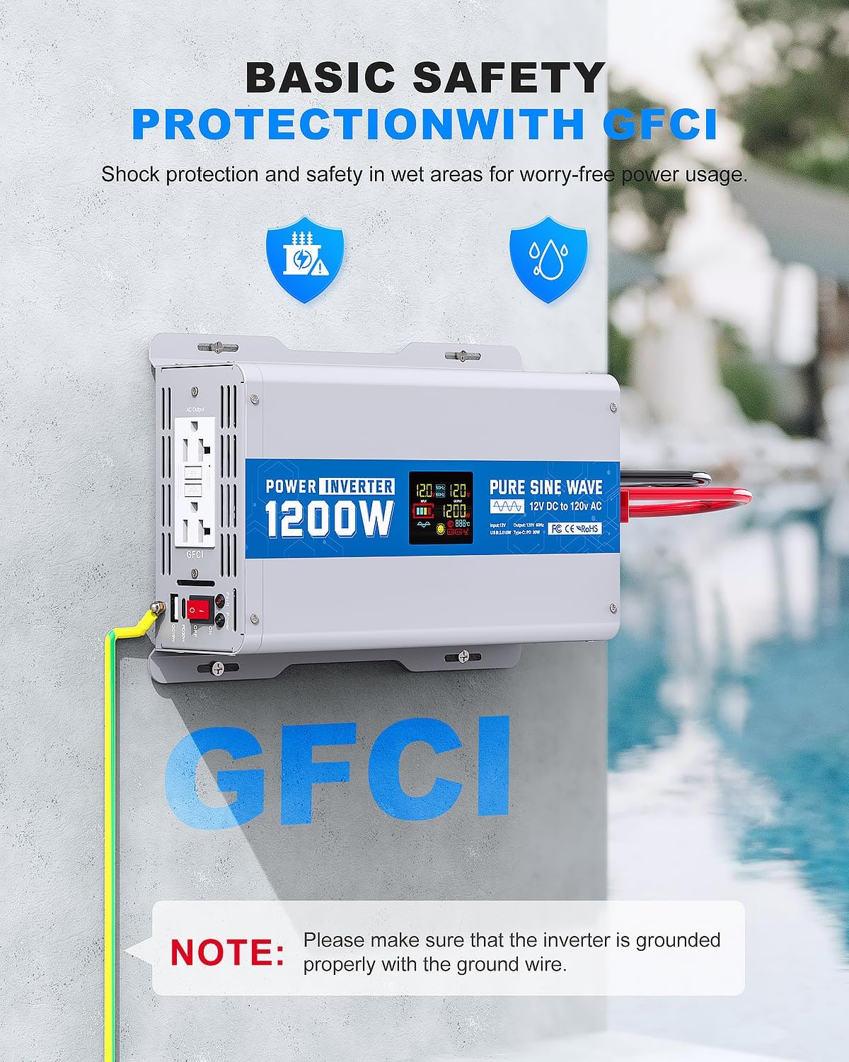 1200W Pure Sine Wave Power Inverter 12V DC to 120V AC Converter 2400 Watt Peak Power Multi-Display Screen with 2 GFCI Outlet 30W USB and 18W Type-C for Car RV Truck Boat Off-Grid, Gray Blue