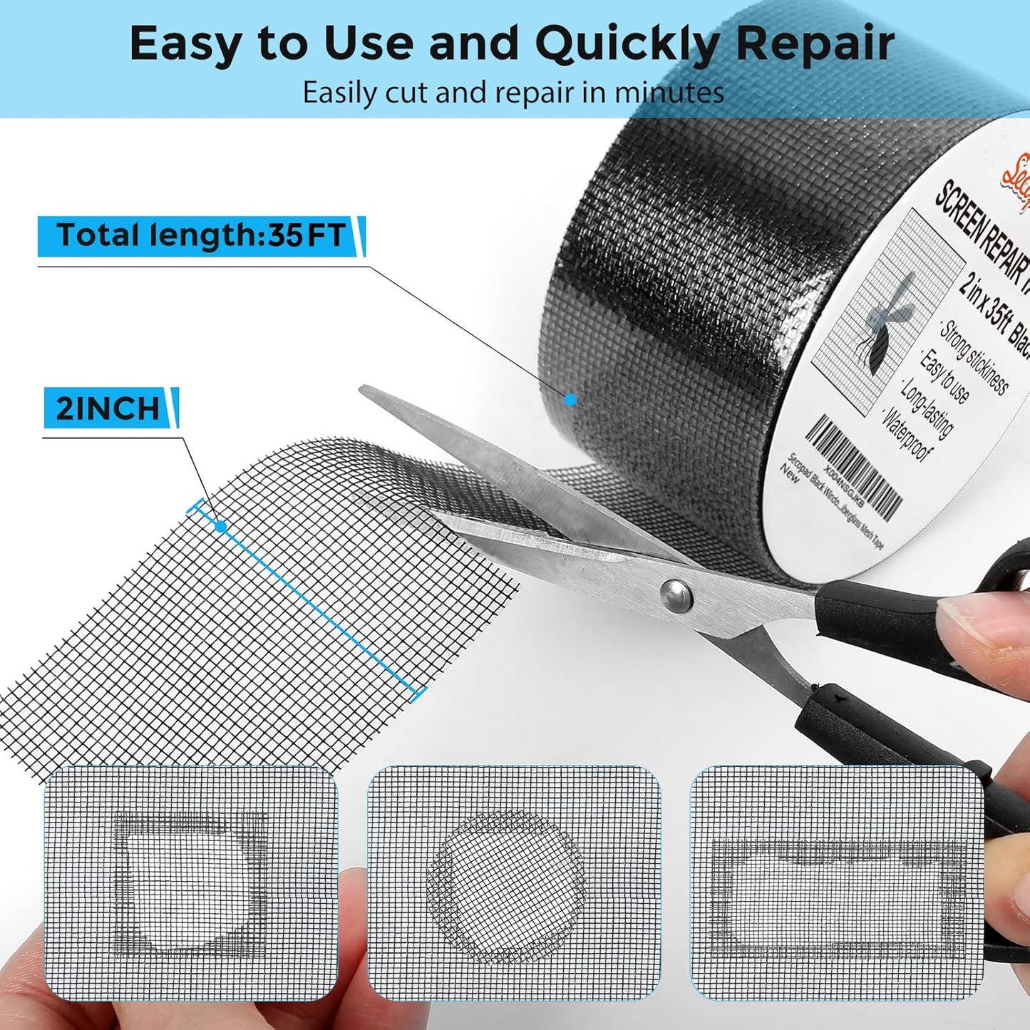 Black Window Screen Repair Tape, 2IN X 35FT (420IN) Screen Repair Kit for Windows or Doors, Strong Adhesive Patch Kit Fiberglass Mesh Tape