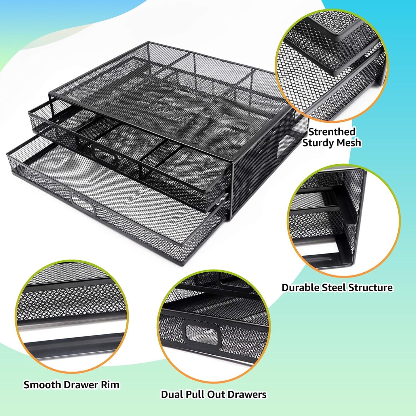 Computer Monitor Stands with Drawers, Metal Mesh Desktop Monitor Riser, Desk Storage Organizer with Drawers for PC, Laptop, Printer (Black)