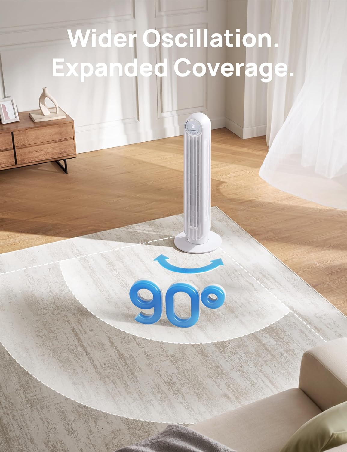 Dreo Tower Fan for Bedroom, 25ft/s Velocity Quiet Floor Fan, 90° Oscillating Fans for Indoors with 4 Speeds, 4 Modes, 8H Timer, Standing Fans, Bladeless Fan, White, Nomad One (DR-HTF007)