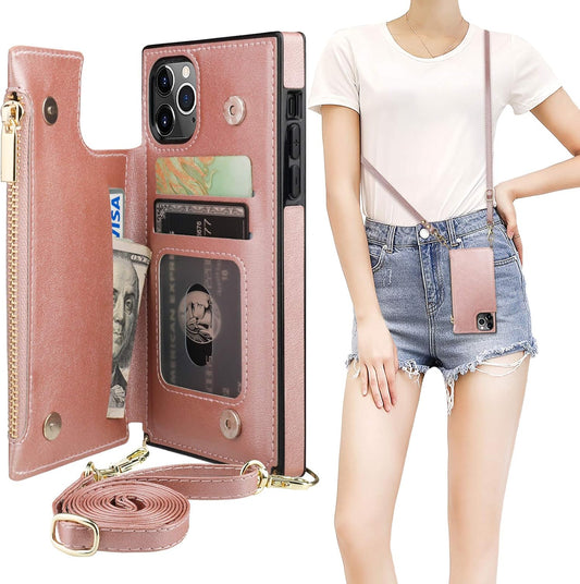 Bocasal Crossbody Wallet Case for iPhone 11 Pro with Card Holder,Zipper Card Slot Protector Shockproof Purse Cover with Removable Cross Body Strap 5.8 Inch(Rose Gold)