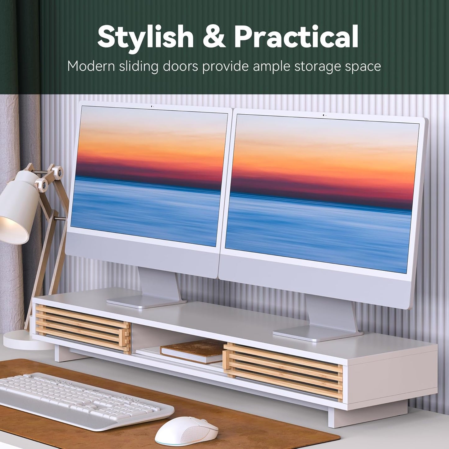 Dual Monitor Stand Riser with Sliding Door, Double Computer Laptop Stand Desk Shelf Organizer with Storage (White + Natural Bamboo, 38 Inch)