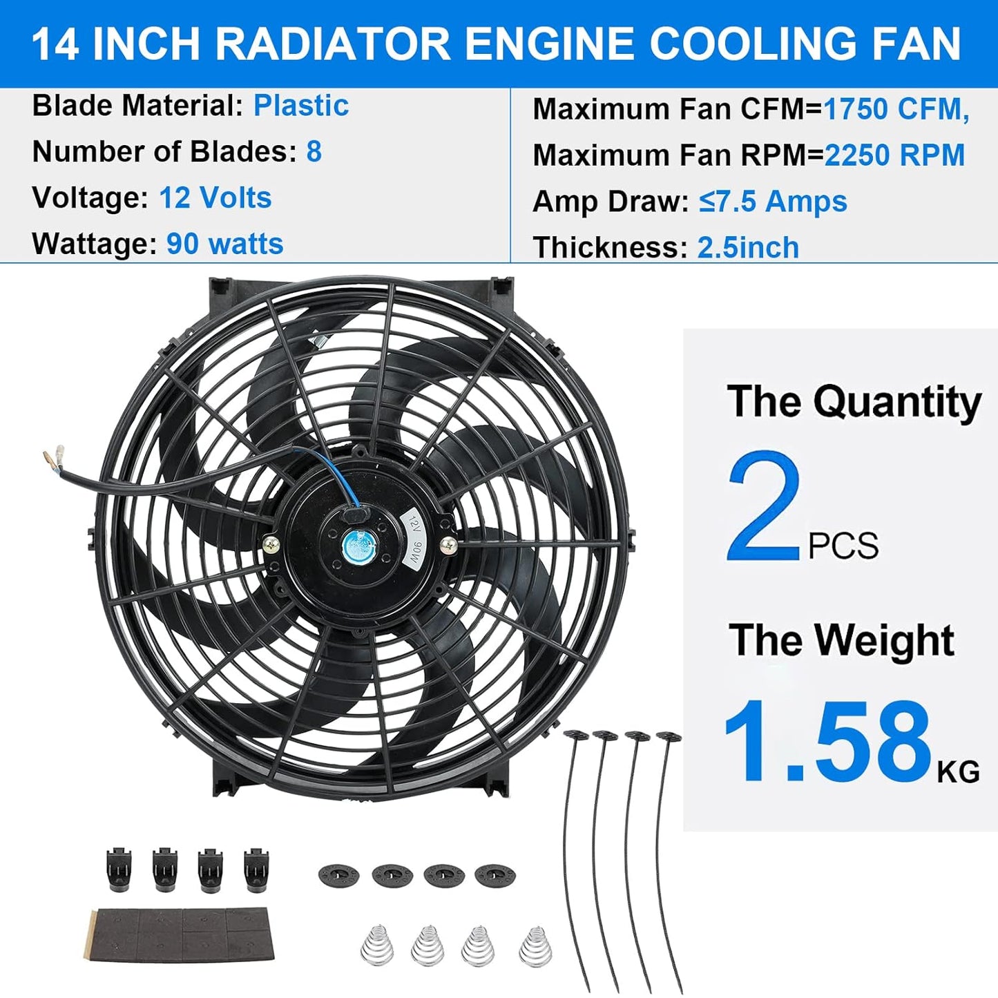 2PCS 14 Inch Universal Slim Fan Push Pull Electric Radiator Cooling Fan Mount Kit 12V 90W Black