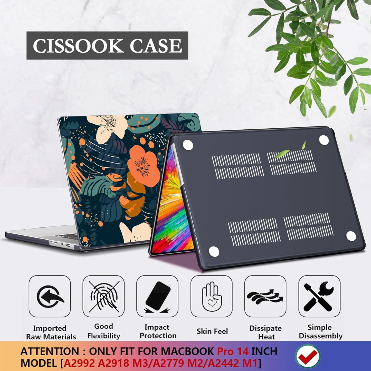 CISSOOK Compatible with MacBook Pro 14 inch Case 2024 2023 2022 2021 Release M4 A3112 A3185 A3401 M3 A2992 A2918 M2 A2779 M1 A2442 Pro Max Chip, Pro 14-inch Plastic Hard Shell Case, Little Flower