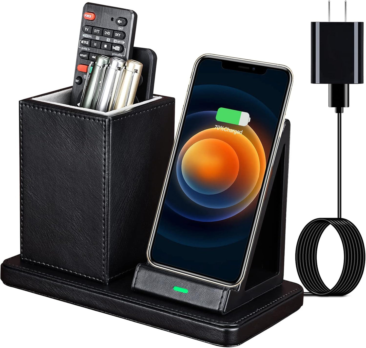 Wireless Charger with Desk Organizer, Wireless Charging Station for iPhone 13/13 Pro Max/13 Pro/12 Series/11/XS Max/XR/X/8Plus/SE 2, Wireless Charging Stand with Leather… (Black)