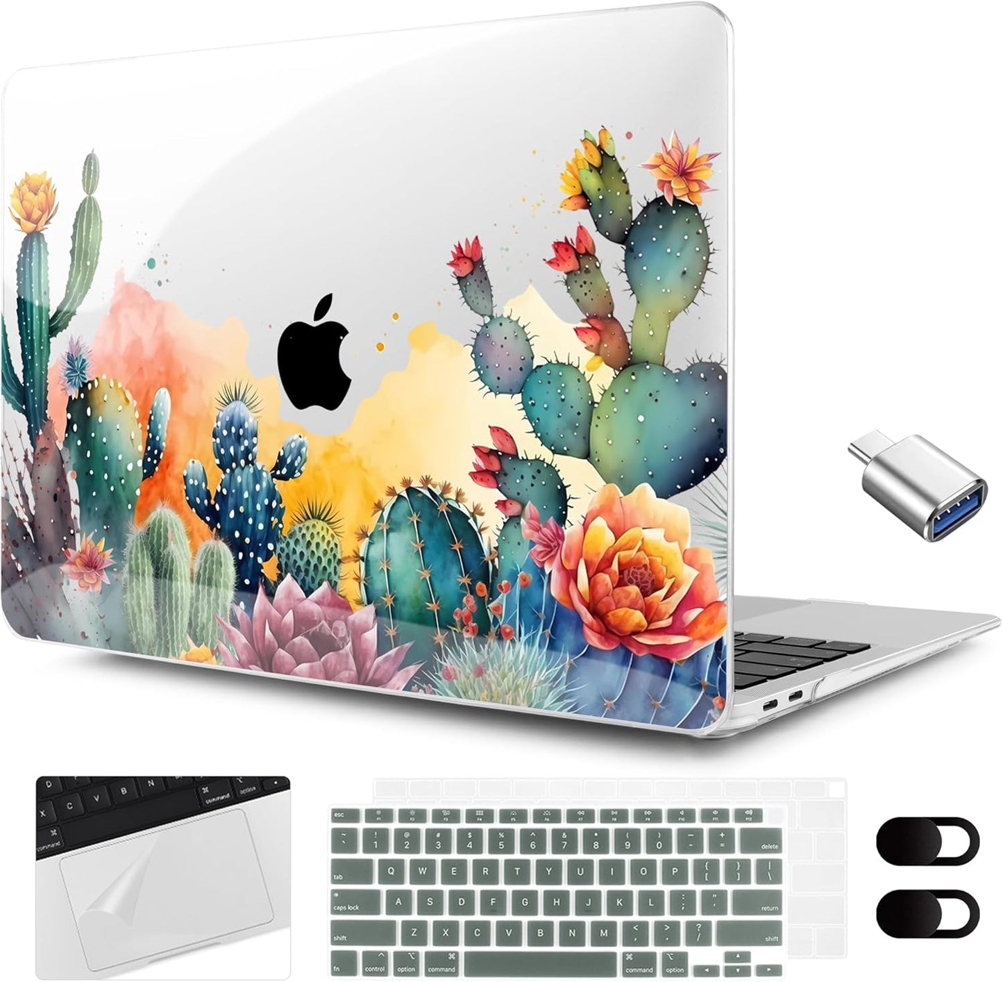 MEEgoodo for MacBook Air 13.3 inch Case 2021 2020 2019 2018 A2337 M1 A2179 A1932,Clear Case for MacBook Air M1, Laptop Shell with Keyboard Webcam Cover & Trackpad Film & Type C Adapter,Tropical Cactus