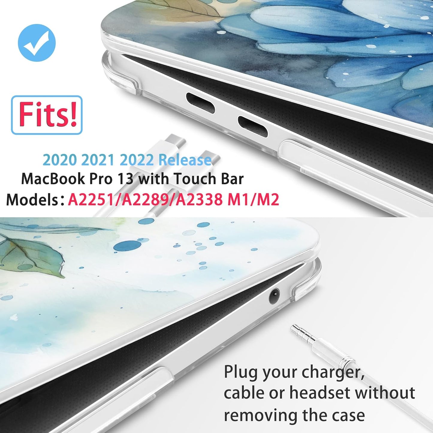 Mektron for MacBook Pro 13-inch Case 2022 2021 2020 Release A2338 M2 M1 A2289 A2251, Printed Plastic Hard Shell Cover for MacBook Pro 13.3-inch Touch Bar Fits Touch ID, Watercolor Blue Flower