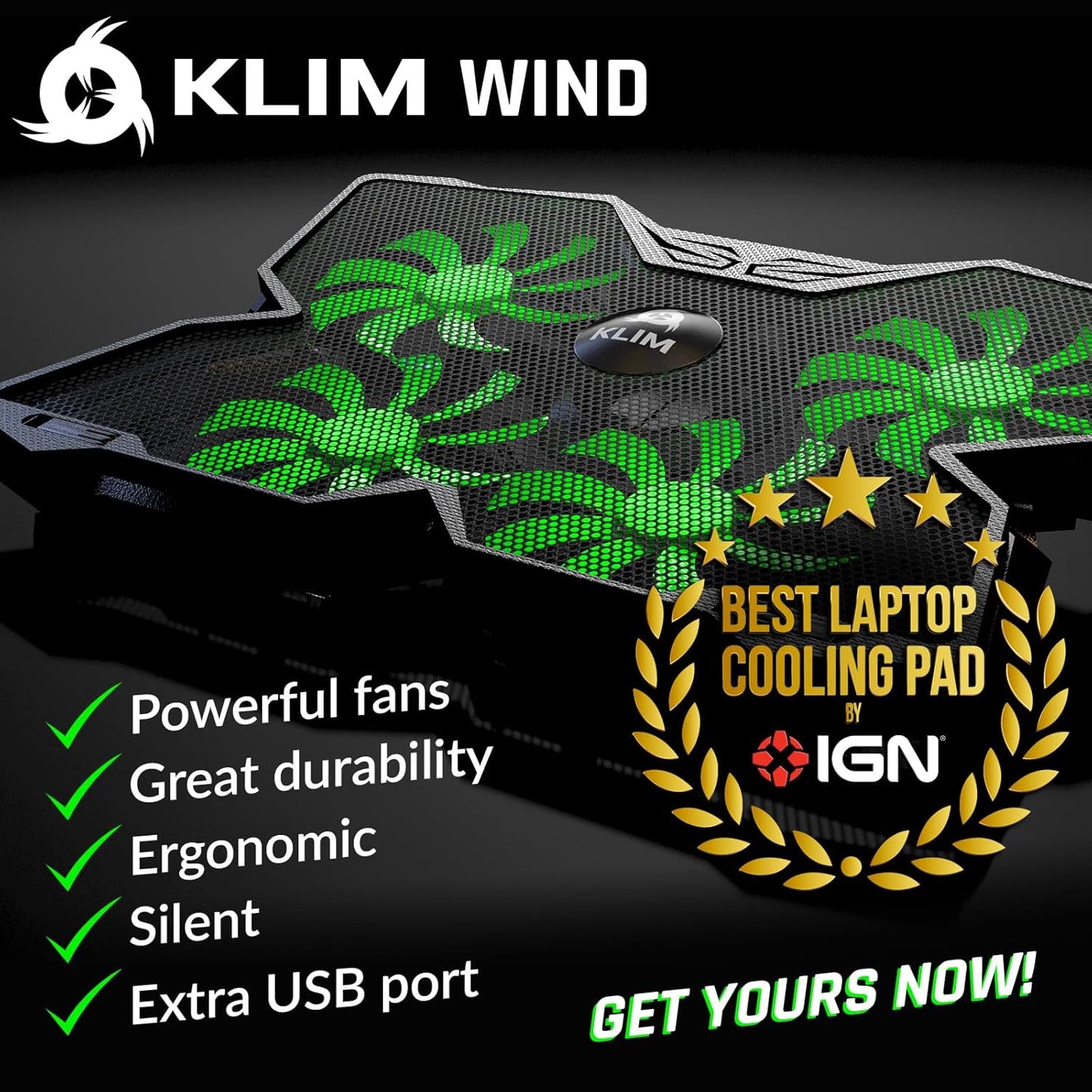 KLIM Wind Laptop Cooling Pad - Support 11 to 17 Inch Laptops, PS4-4 Fans - Light, Quiet, Powerful Cooling - Gamer USB Slim Portable Laptop Stand - New 2021 Version - Green