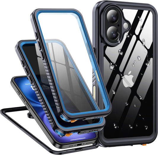 for iPhone 16 Case Waterproof, Built-in Privacy Screen & HD Screen Double Front Frame [IP68 Underwater] Shockproof Dustproof Full Body Protection iPhone 16 Phone Case Blue