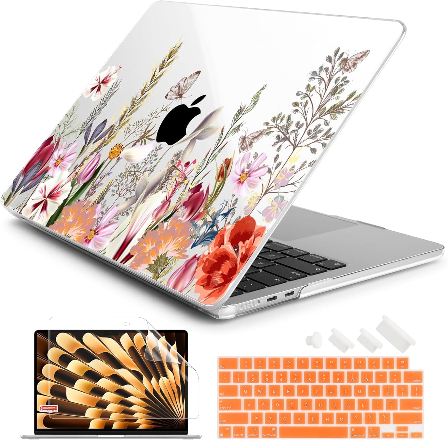 Batianda Premium Case for New MacBook Air 15 inch 2025 M4 2024 2023 with M3 M2 Chip Model A3114 A2941, Designed Protective Plastic Hardshell & Keyboard Cover & Screen Protector, Flower Field