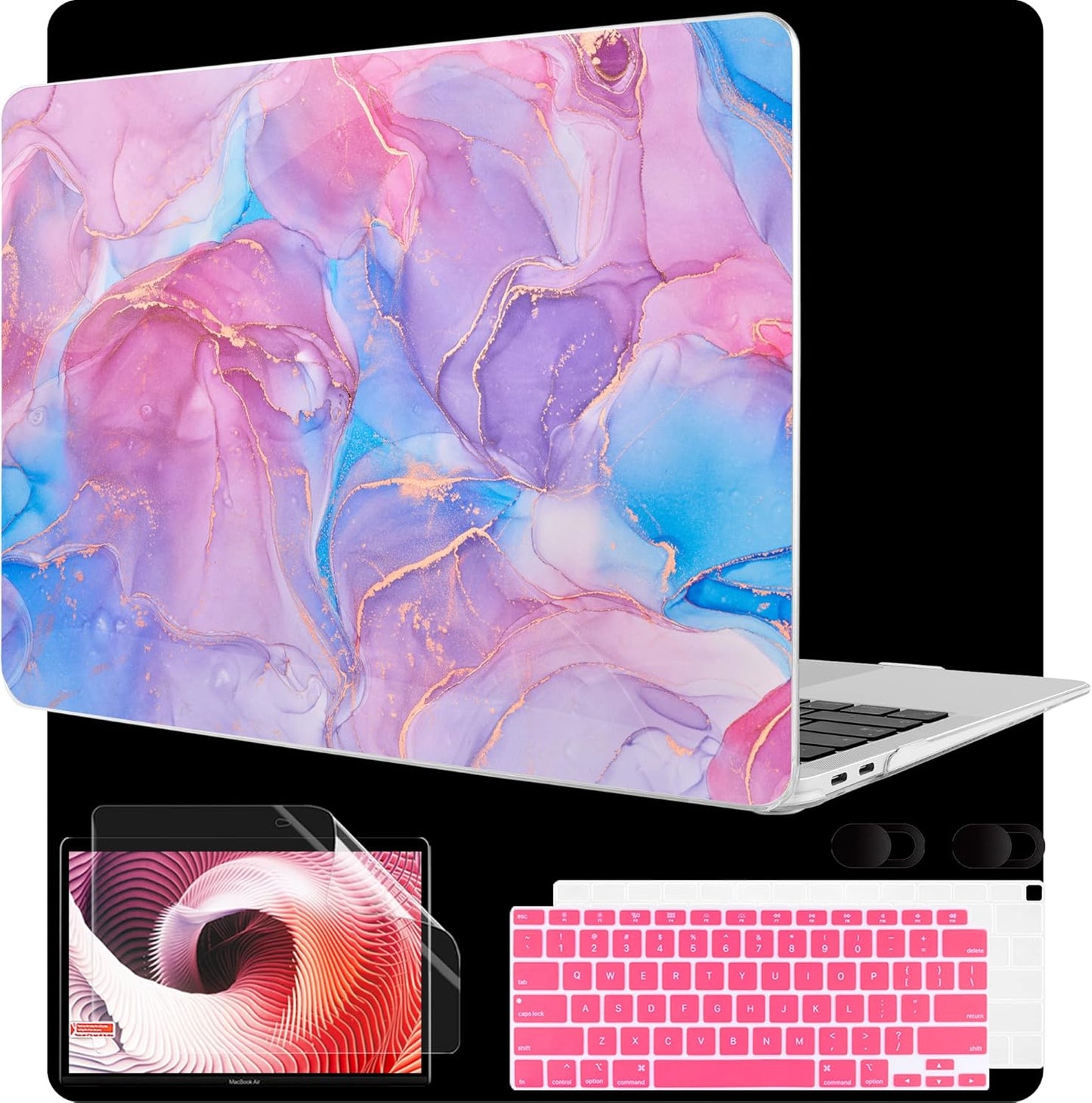 MEEgoodo for MacBook Air 13 inch Case 2021 2020 2019 2018 Released A2337 M1 A2179 A1932 with Touch ID, Plastic Hard Shell & Keyboard Cover Compatible with MacBook Air Case 13.3, Pink Marble Texture