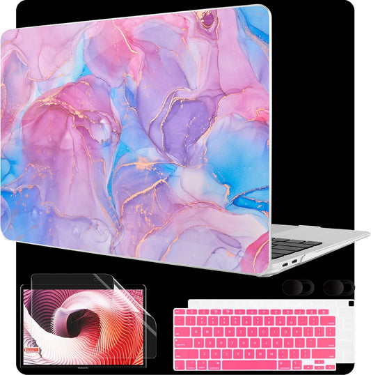 MEEgoodo for MacBook Air 13 inch Case 2021 2020 2019 2018 Released A2337 M1 A2179 A1932 with Touch ID, Plastic Hard Shell & Keyboard Cover Compatible with MacBook Air Case 13.3, Pink Marble Texture
