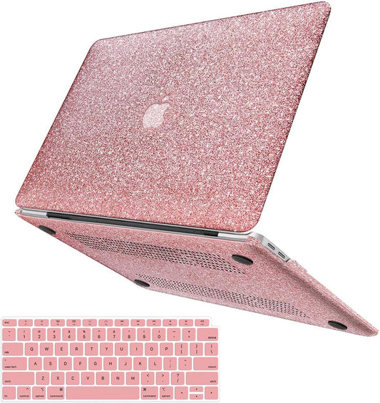Compatible with MacBook Air 13 inch Case 2021 2020 2019 2018 M1 A2337 A2179 A1932 Touch ID, Glitter Smooth Leather Hard Shell + Keyboard Cover for MacBook Air 13.3 inch Case, Shining Rose Gold