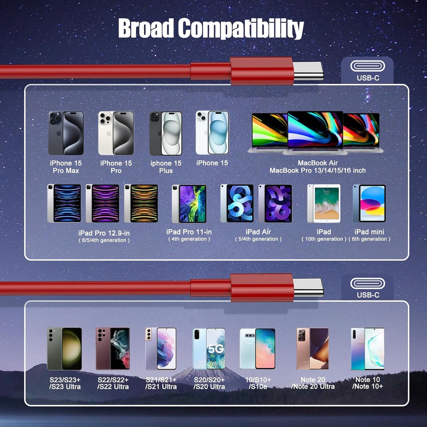 3-Pack Red [3.3FT+6.6FT+10FT] 60W USB C to USB C Cable, Type C Fast Charging Cable for iPhone 15/16, Galaxy S23/S24, iPad Pro/Air, MacBook Pro/Air and More