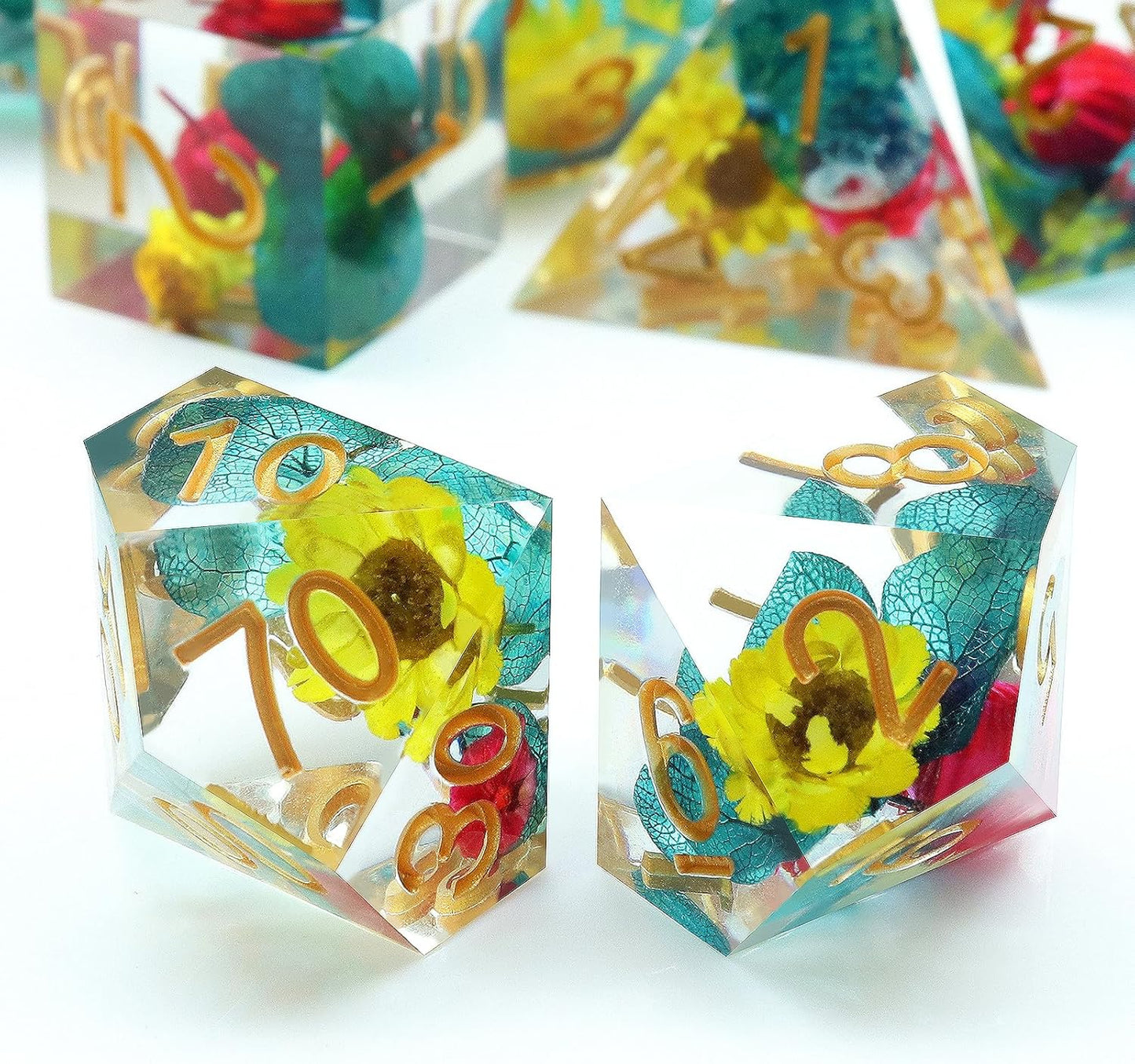 Haxtec Flower Sharp Edge Dice Resin DND Dice Set 7PCS Yellow Blue Red Polyhedral D&D Dice for Role Playing Dice Games Compatible with Dungeons and Dragons